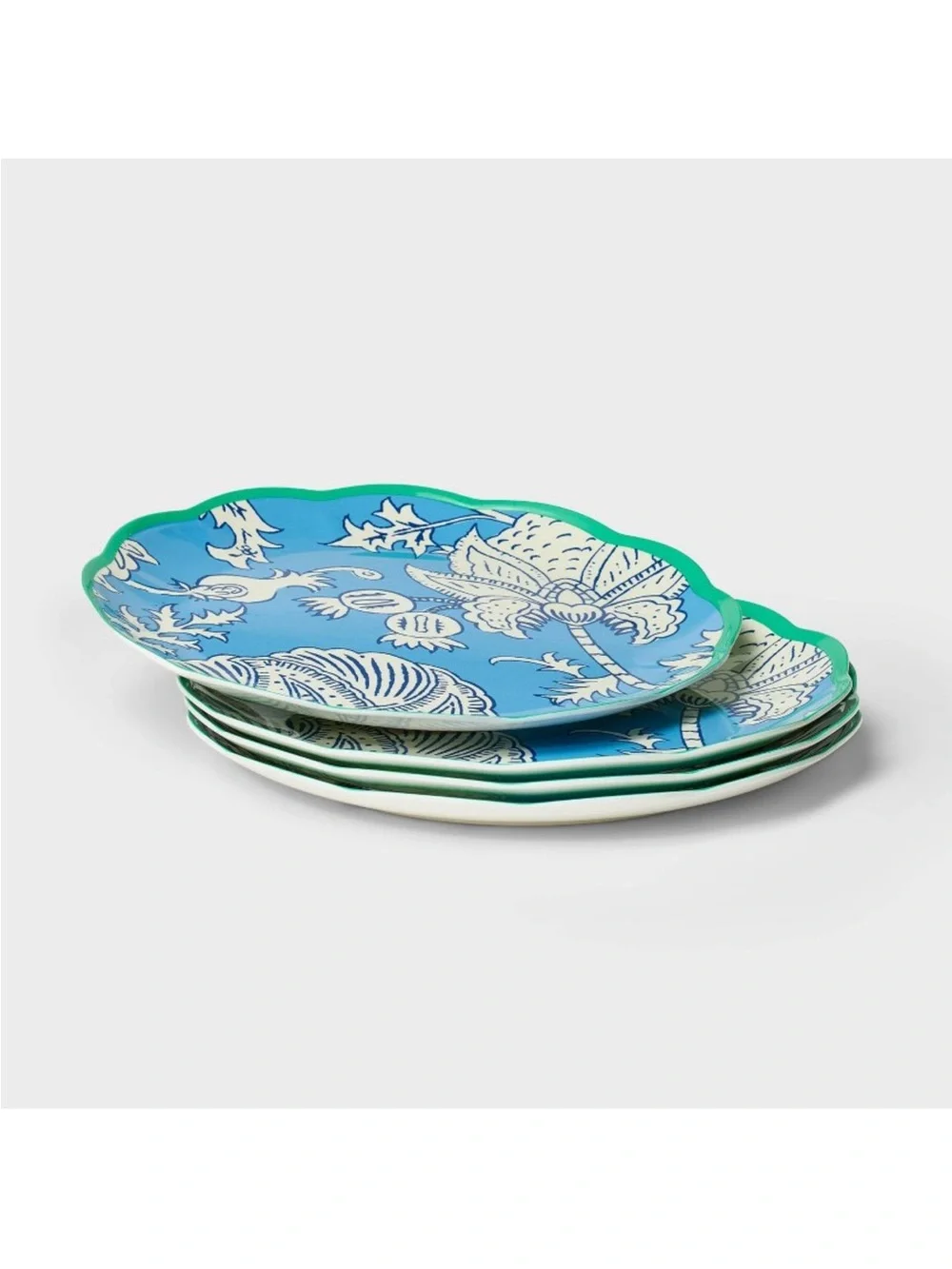 Roller Rabbit Blue and Green Floral Vine Melamine Dinner Plates (Set of 4)